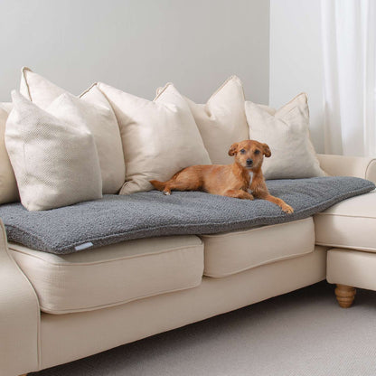 Discover Our Luxury Boucle Couch Topper, The Perfect Pet couch Accessory In Stunning Granite! Available Now at Lords & Labradors US