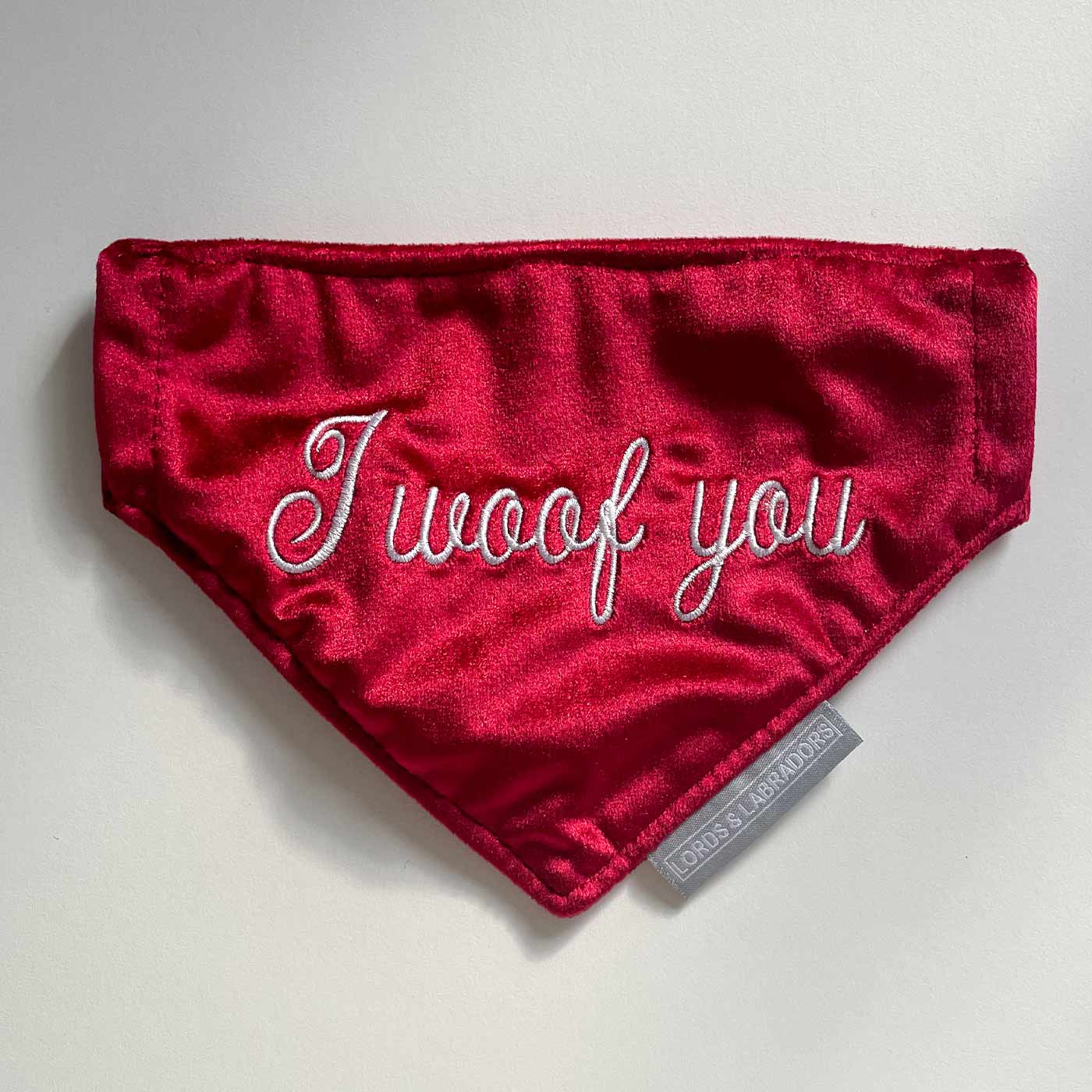 [color:cranberry velvet] Discover The Perfect Bandana For Dogs, 'I Woof You' Valentine Dog Bandana In Luxury Cranberry Velvet, Available Now at Lords & Labradors US