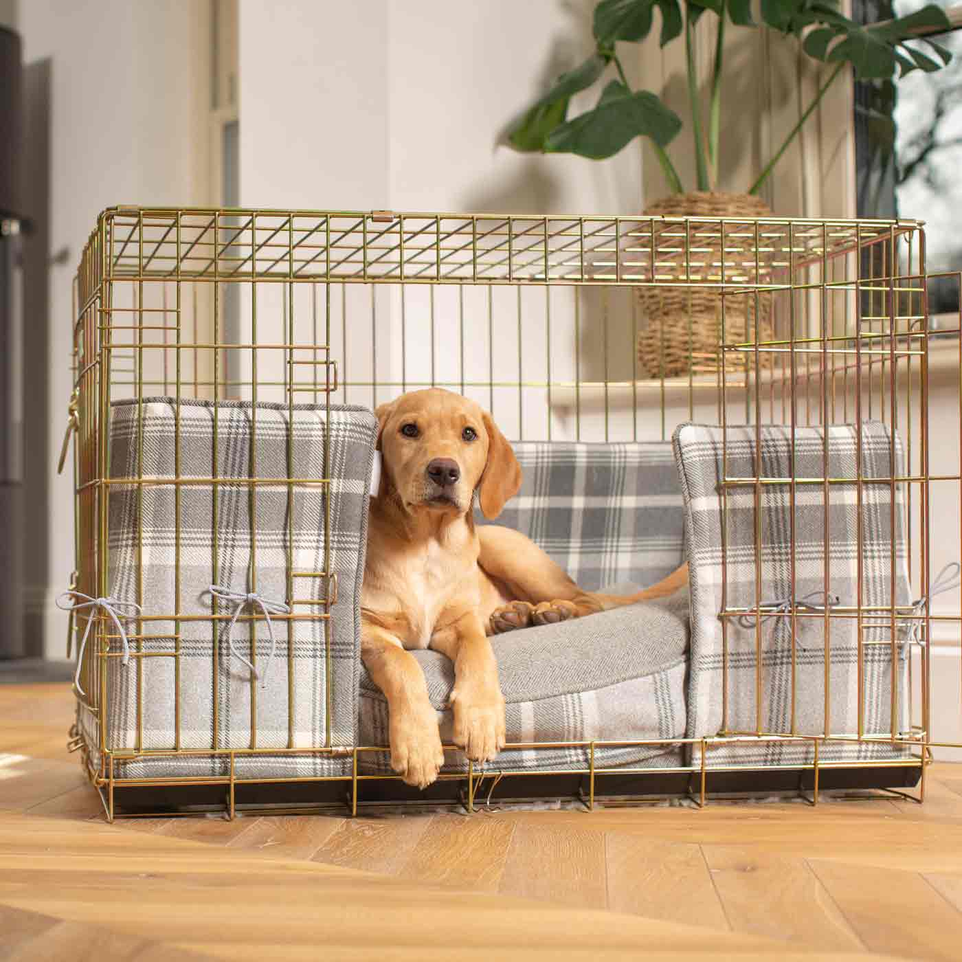 Luxury Gold Dog Cage Bumper and Cushion in Balmoral Dove Grey Tweed. The Perfect Dog Cage Accessory, Available Now at Lords & Labradors US