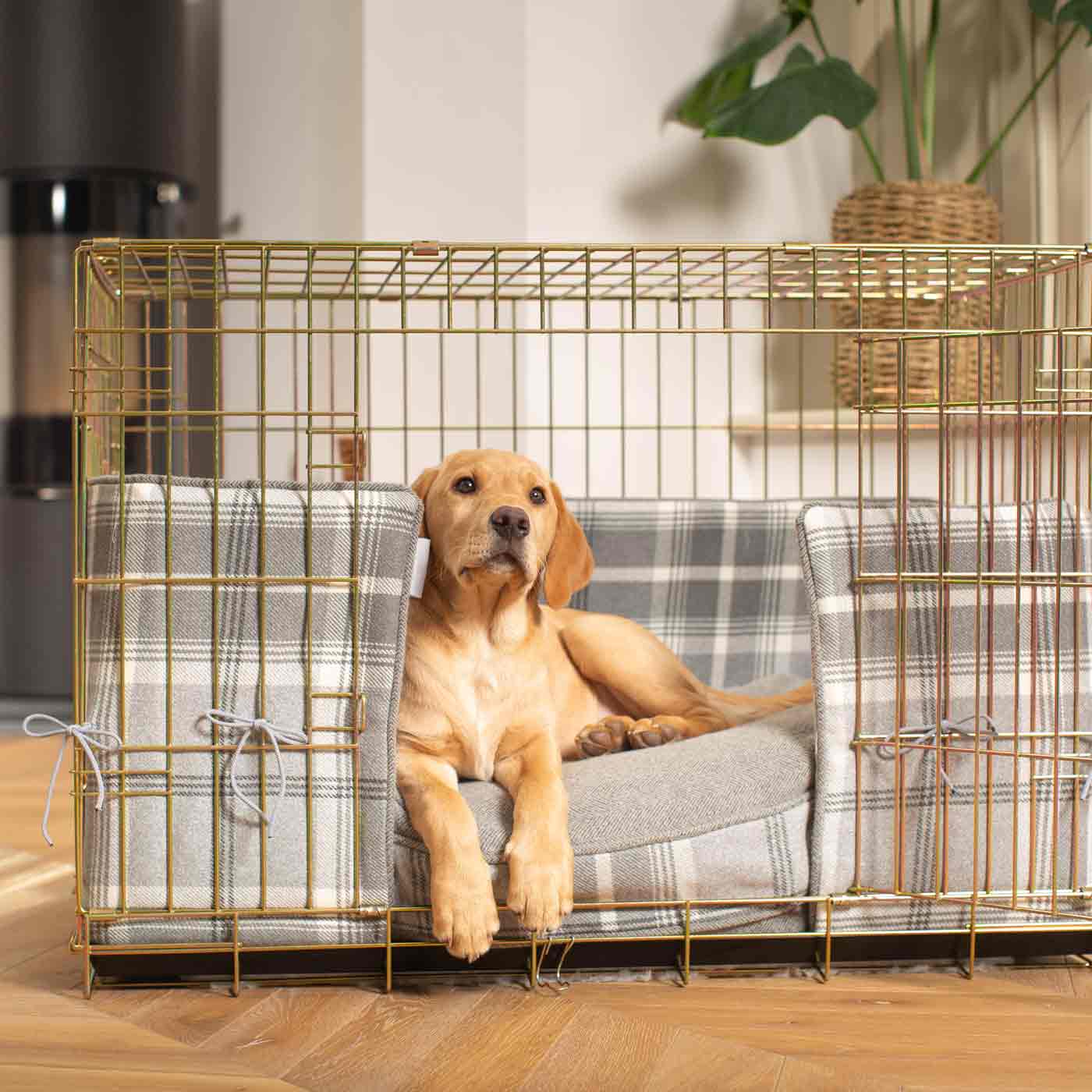 Luxury Gold Dog Cage Bumper and Cushion in Balmoral Dove Grey Tweed. The Perfect Dog Cage Accessory, Available Now at Lords & Labradors US