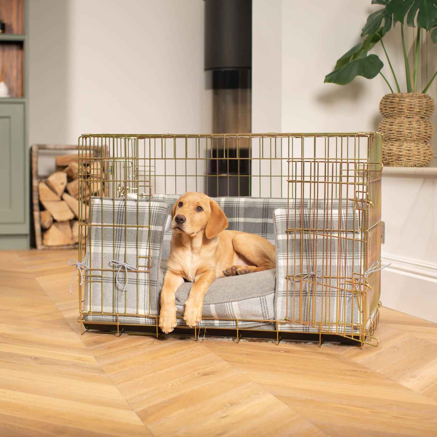 Luxury Gold Dog Cage Bumper and Cushion in Balmoral Dove Grey Tweed. The Perfect Dog Cage Accessory, Available Now at Lords & Labradors US