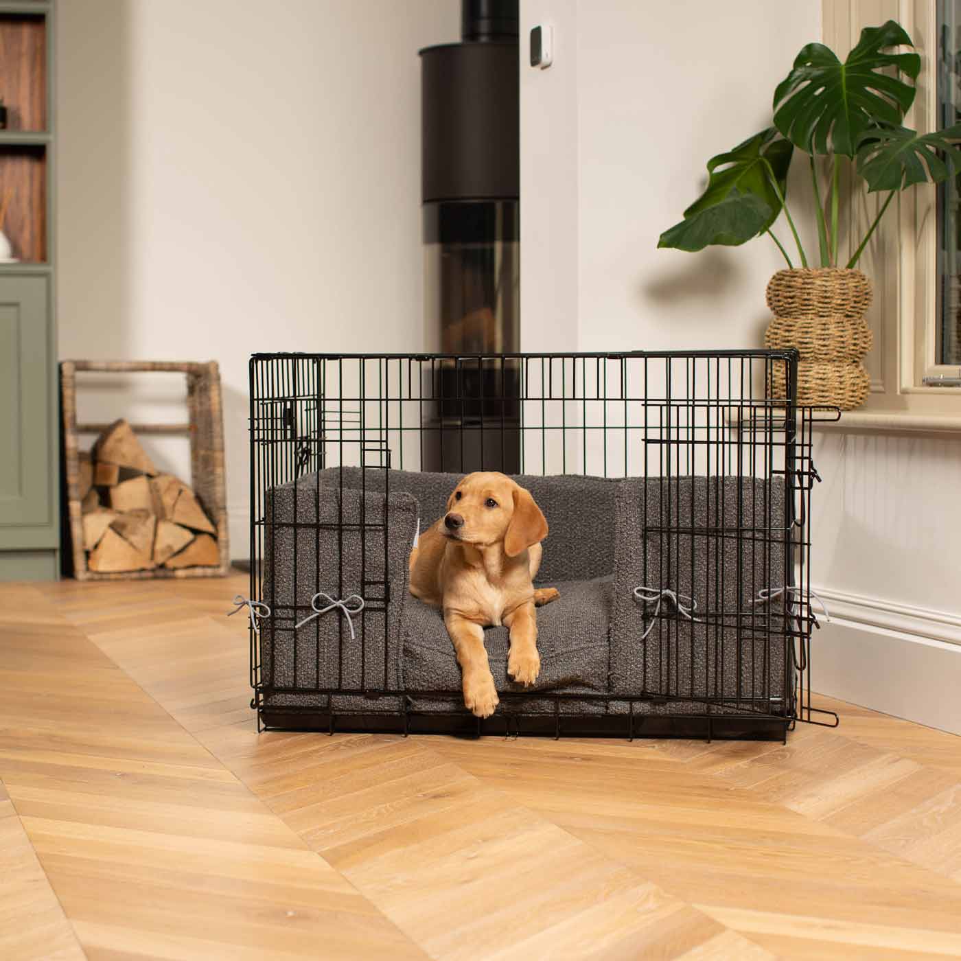 Luxury Dog Cage Bumper, Granite Bouclé Cage Bumper Cover The Perfect Dog Cage Accessory, Available To Personalize Now at Lords & Labradors US