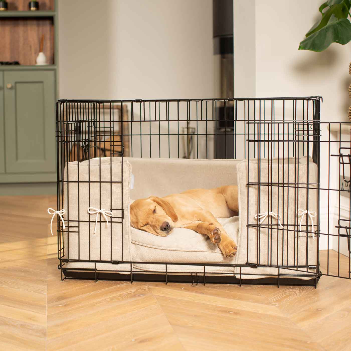 Luxury Dog Cage Bumper, Natural Herringbone Tweed Cage Bumper Cover The Perfect Dog Cage Accessory, Available To Personalize Now at Lords & Labradors US