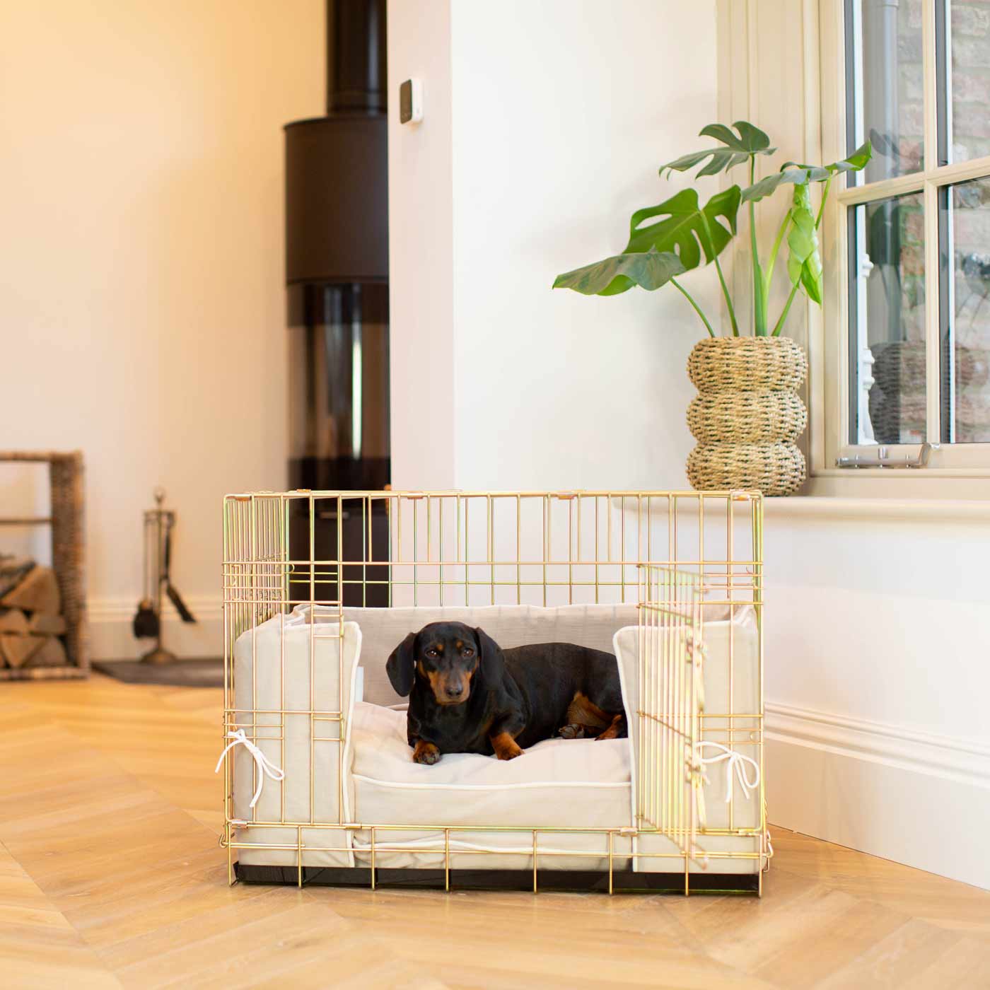 Discover Our Heavy-Duty Gold Dog Cage With Savanna Oatmeal Cushion & Bumper! The Perfect Cage Accessorize. Available To Personalize Here at Lords & Labradors US