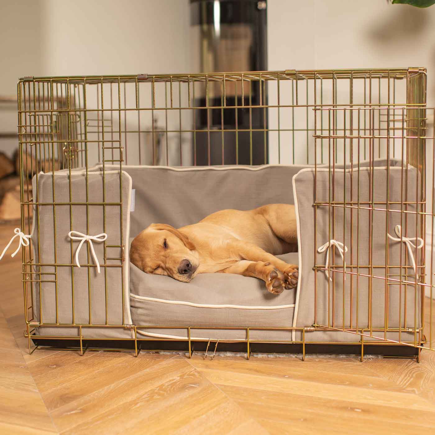 Discover Our Heavy-Duty Gold Dog Cage With Savanna Stone Cushion & Bumper! The Perfect Cage Accessorize. Available To Personalize Here at Lords & Labradors US
