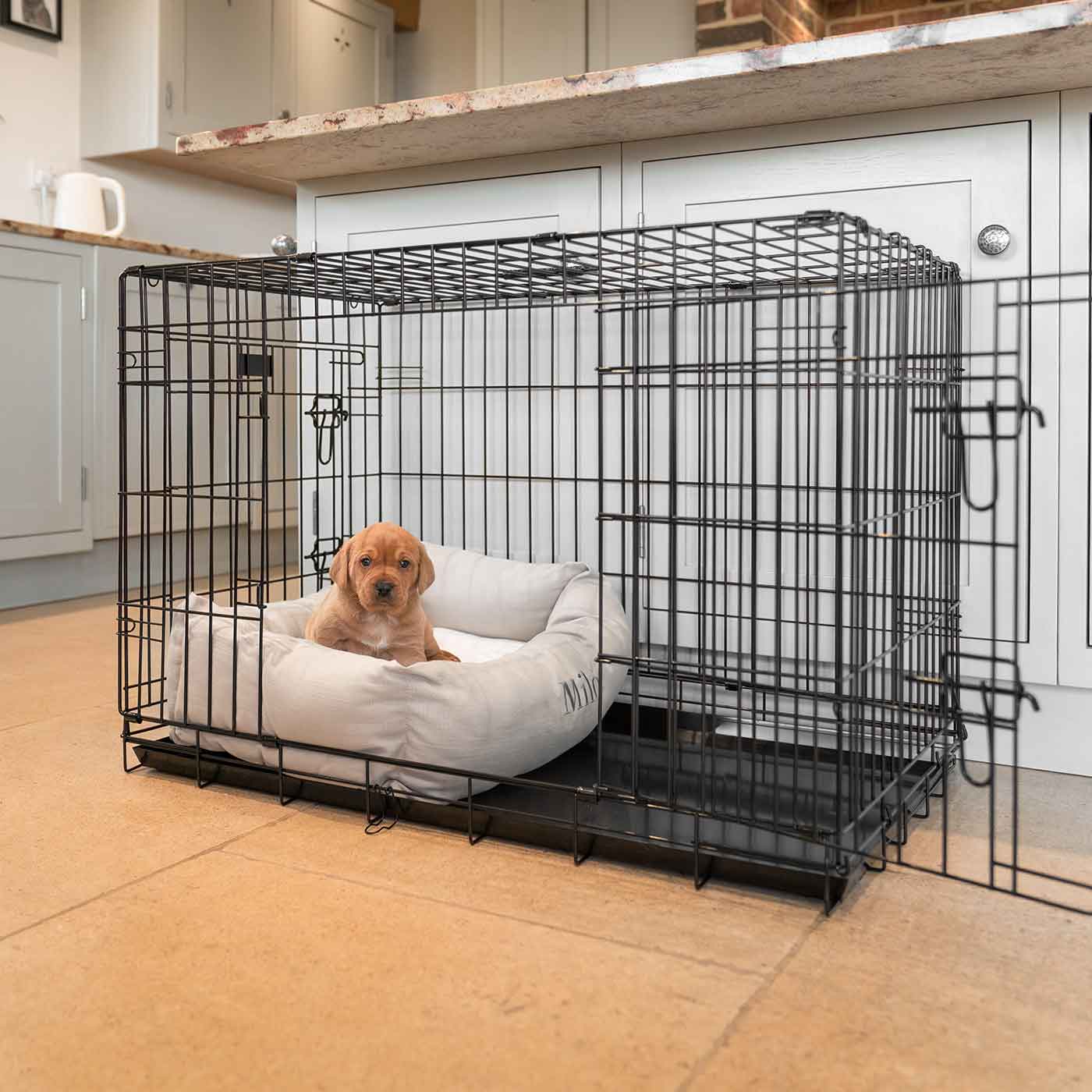 [color:savanna oatmeal] Cozy & Calm Puppy Cage Bed, The Perfect Dog Cage Accessory For The Ultimate Dog Den! In Stunning Savanna Oatmeal! Available Now at Lords & Labradors US