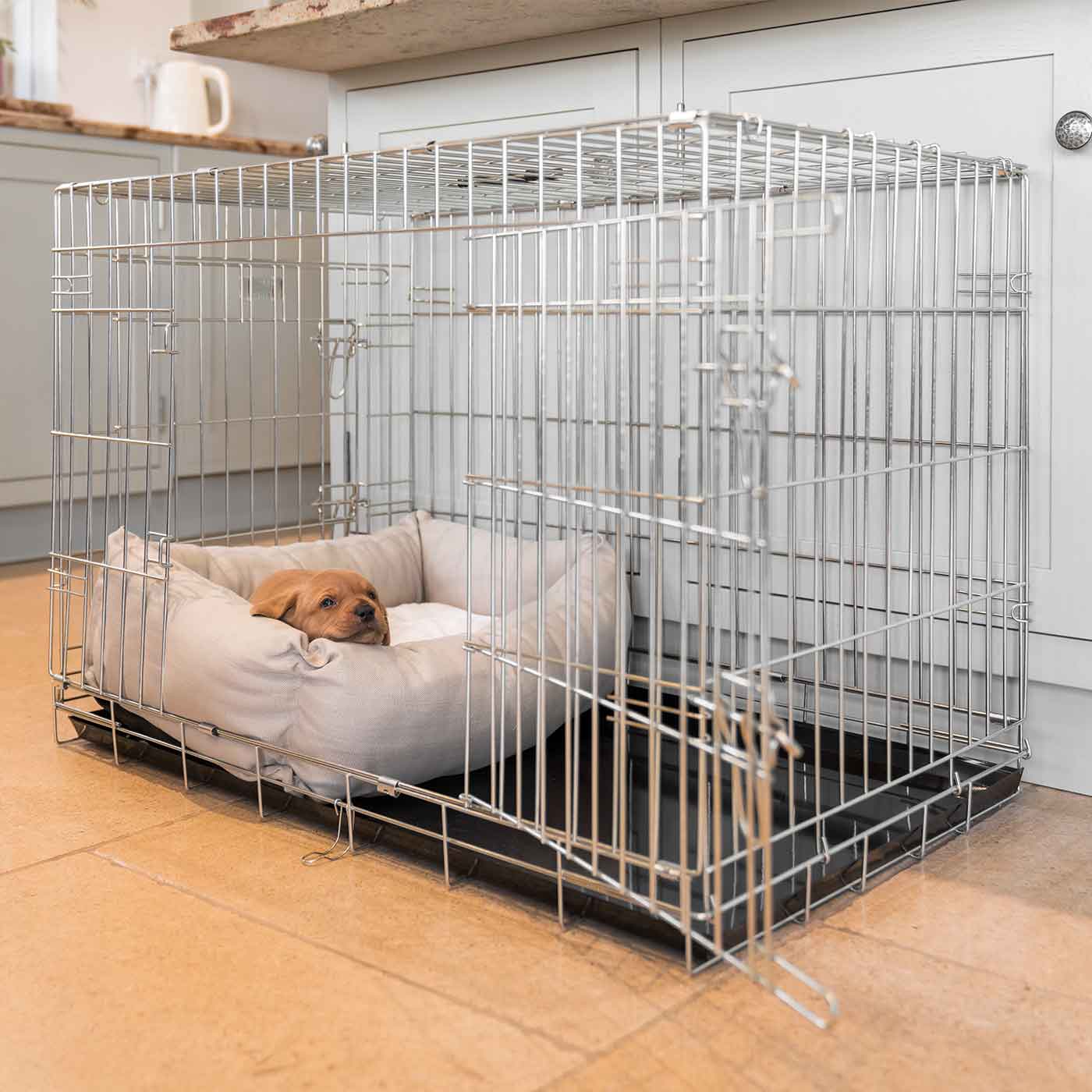 [color:savanna oatmeal]  Cozy & Calm Puppy Cage Bed, The Perfect Dog Cage Accessory For The Ultimate Dog Den! In Stunning Savanna Oatmeal! Available Now at Lords & Labradors US