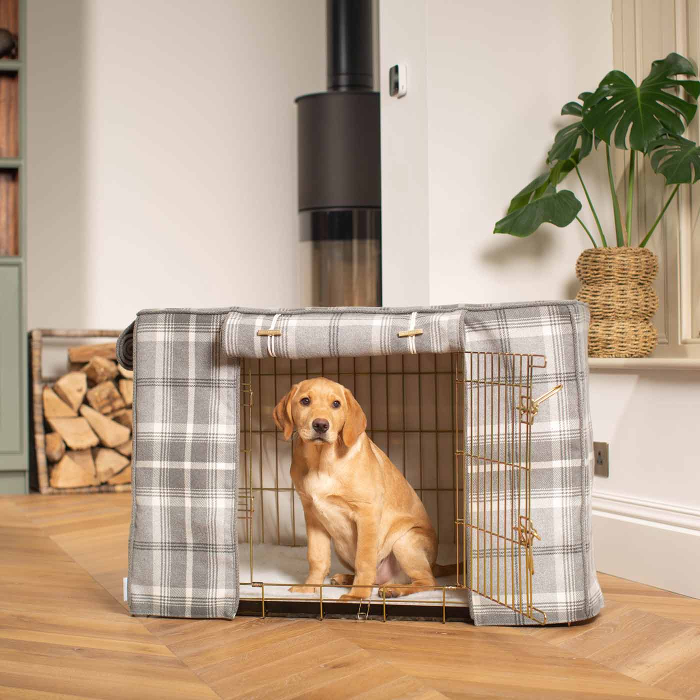 Luxury Gold Dog Cage Cover, with Balmoral Dove Grey Tweed Cage Cover The Perfect Dog Cage Accessory, Available To Personalize Now at Lords & Labradors US