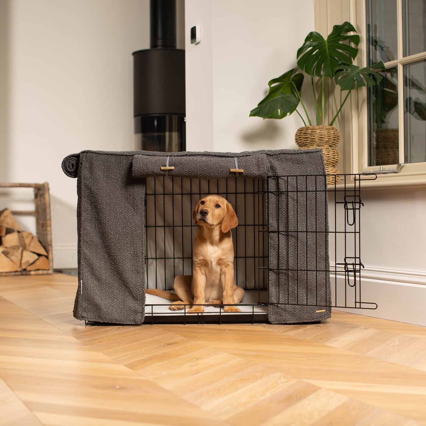 Luxury Dog Cage Cover, Granite Bouclé Cage Cover The Perfect Dog Cage Accessory, Available To Personalize Now at Lords & Labradors US