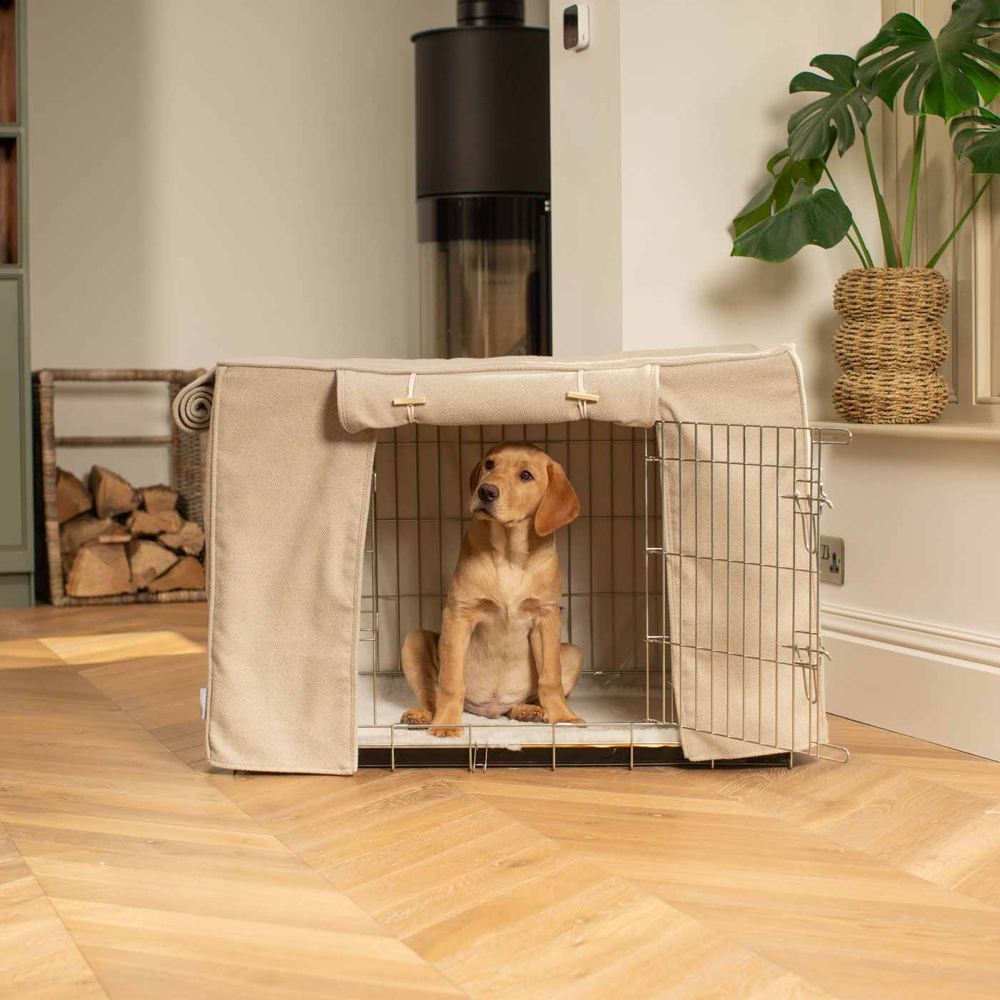 Luxury Dog Cage Cover, Natural Herringbone Tweed Cage Cover The Perfect Dog Cage Accessory, Available To Personalize Now at Lords & Labradors US