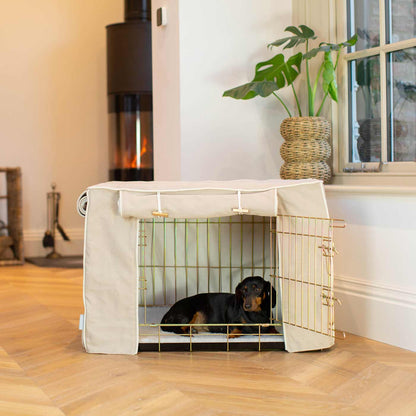 Discover Our Gold Heavy-Duty Dog Cage With Savanna Oatmeal Cage Cover, The Perfect Cage Accessory For The Ultimate Pet Den. Available To Personalize at Lords & Labradors US