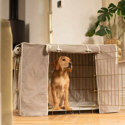 Discover Our Gold Heavy-Duty Dog Cage With Savanna Stone Cage Cover, The Perfect Cage Accessory For The Ultimate Pet Den. Available To Personalize at Lords & Labradors US
