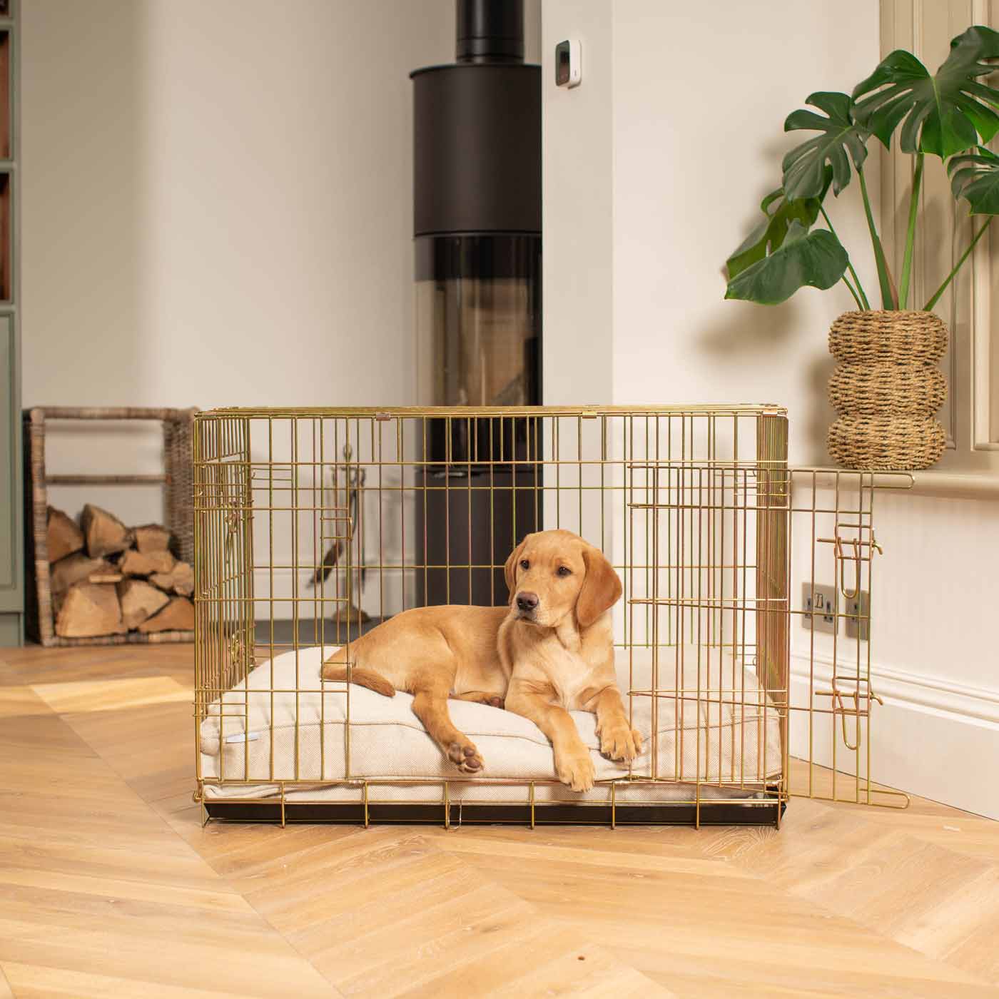 Luxury Dog Cage Cushion, Natural Herringbone Tweed Cage Cushion The Perfect Dog Cage Accessory, Available To Personalize Now at Lords & Labradors US
