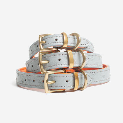 Discover dog walking luxury with our handcrafted Italian real leather, embossed with an Ostrich inspired print for the ultimate luxurious look, Dog Collar in Grey & Orange! The perfect Collar for dogs available now at Lords & Labradors US