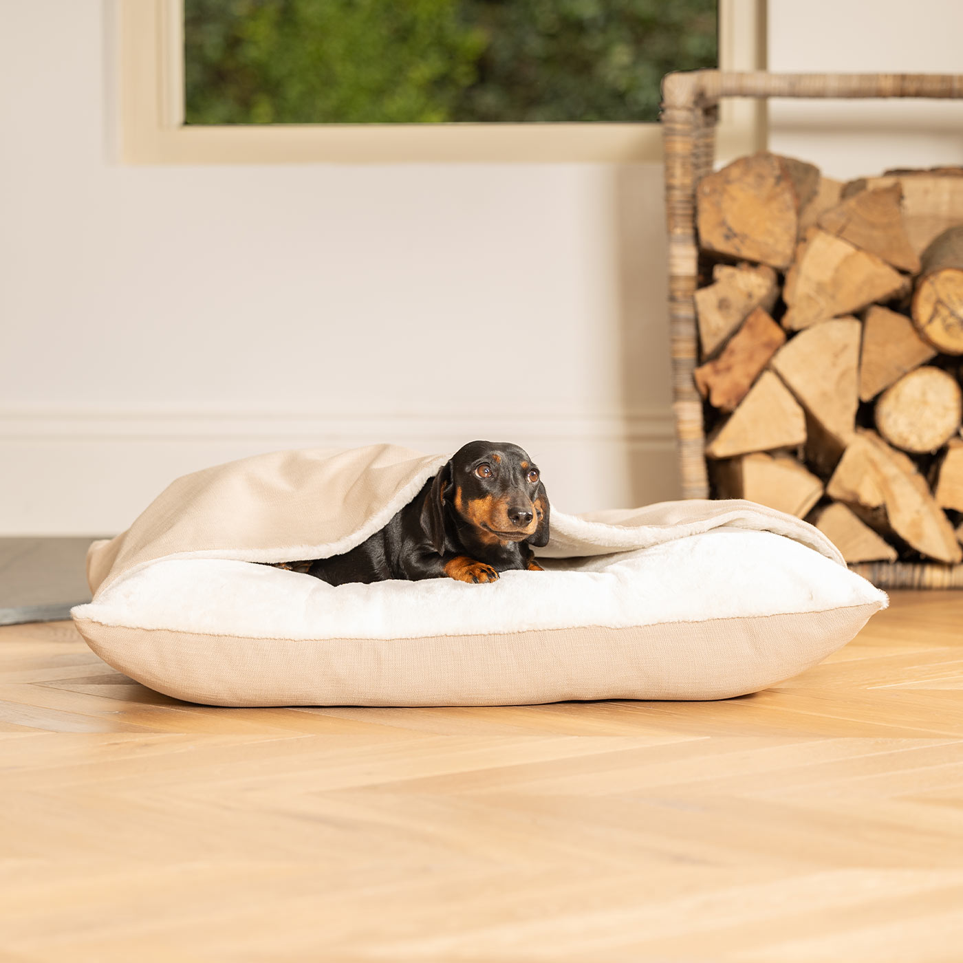 Luxury Savanna Sleepy Burrow, The Perfect bed For a Pet to Burrow. Available To Personalize In Stunning Savanna Oatmeal, Here at Lords & Labradors US