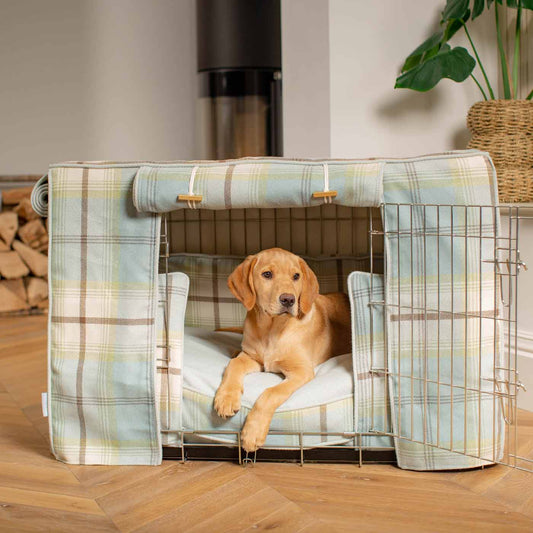 Luxury Heavy Duty Dog Cage, In Stunning Balmoral Duck Egg Tweed Cage Set, The Perfect Dog Cage Set For Building The Ultimate Pet Den! Dog Cage Cover Available To Personalize at Lords & Labradors US