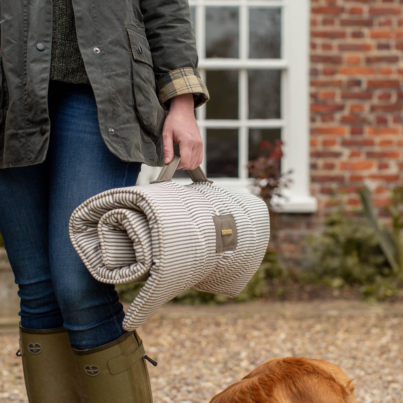 Embark on the perfect pet travel with our luxury Travel Mat in Regency Stripe. Featuring a Carry handle for on the move once Rolled up for easy storage, can be used as a seat cover, boot mat or travel bed! Available now at Lords & Labradors US