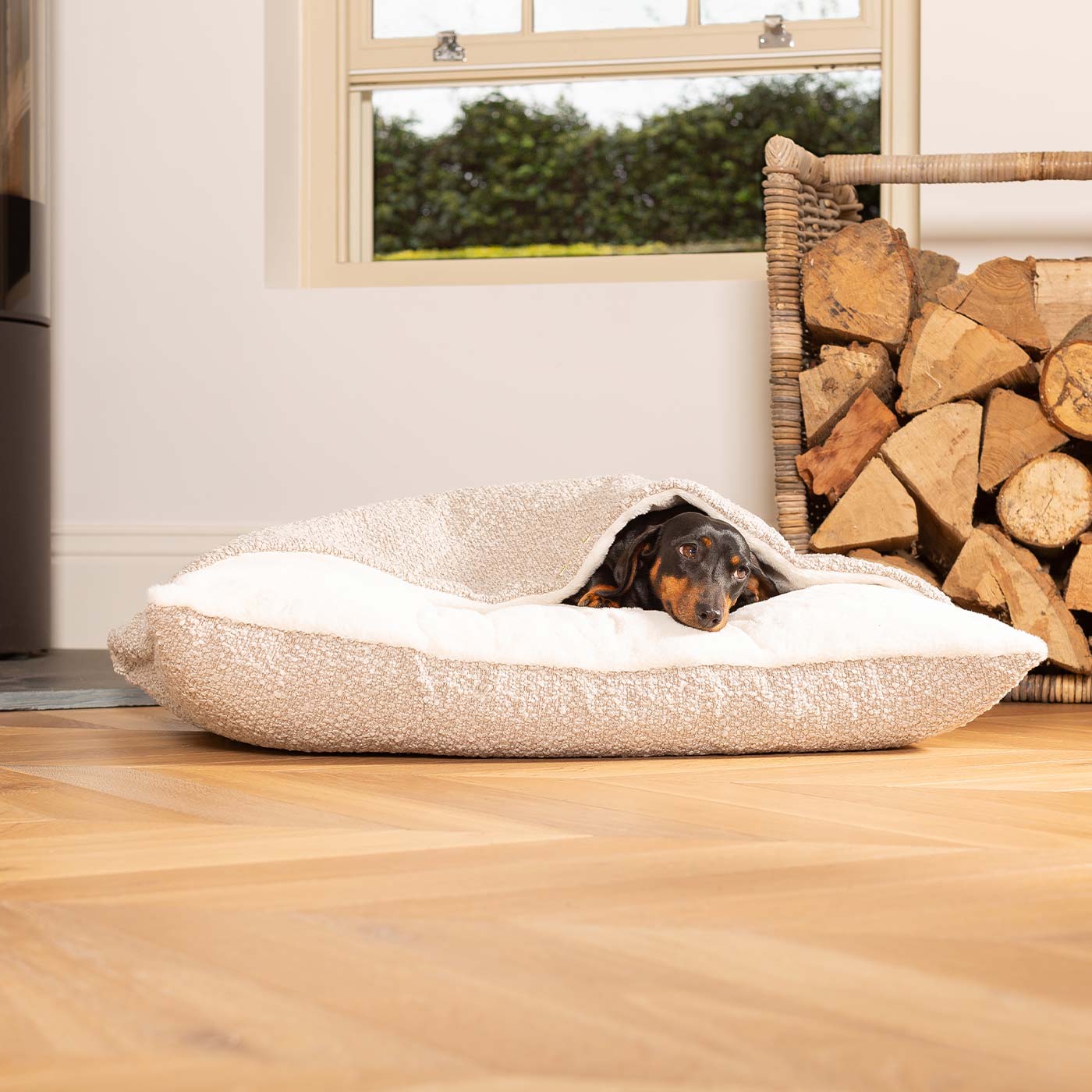 Luxury Mink Boucle Sleepy Burrows, The Perfect bed For a Pet to Burrow. Available To Personalize In Stunning Mink Bouclé Here at Lords & Labradors US