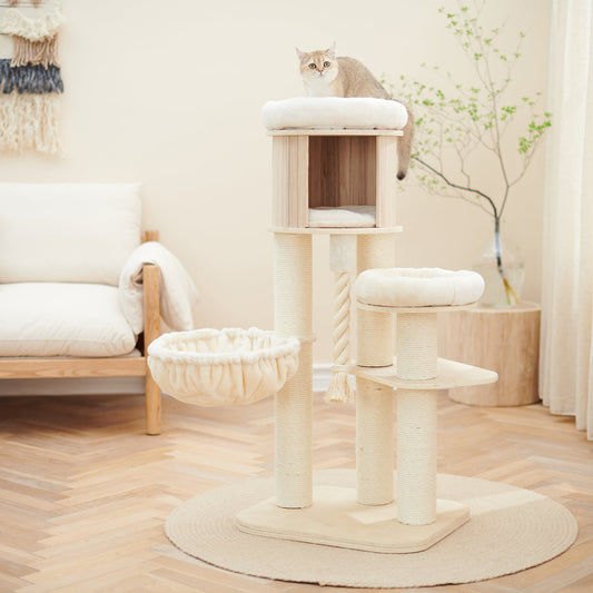 Discover our Luxury Helsinki The Loft Cat Tree. Present your cat with the perfect hideout! Crafted using durable and long-lasting wood that features multiple scratch posts for cats, hanging rope for playtime, a cozy hammock for snuggling into with multiple platforms and a den for pet burrow! Available now at Lords & Labradors  US