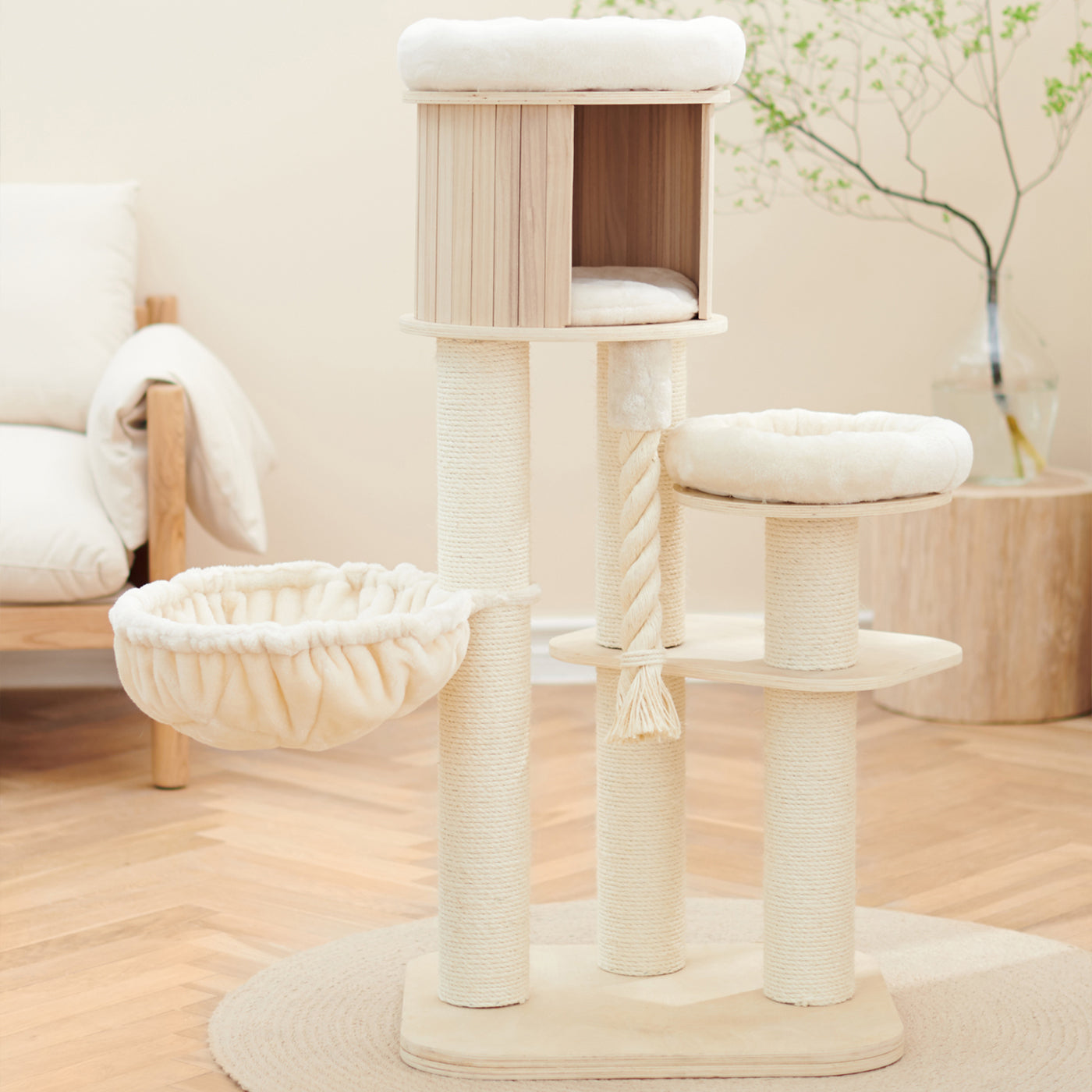 Discover our Luxury Helsinki The Loft Cat Tree. Present your cat with the perfect hideout! Crafted using durable and long-lasting wood that features multiple scratch posts for cats, hanging rope for playtime, a cozy hammock for snuggling into with multiple platforms and a den for pet burrow! Available now at Lords & Labradors US