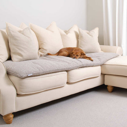 Discover Our Luxury Boucle Couch Topper, The Perfect Pet couch Accessory In Stunning Mink! Available Now at Lords & Labradors US