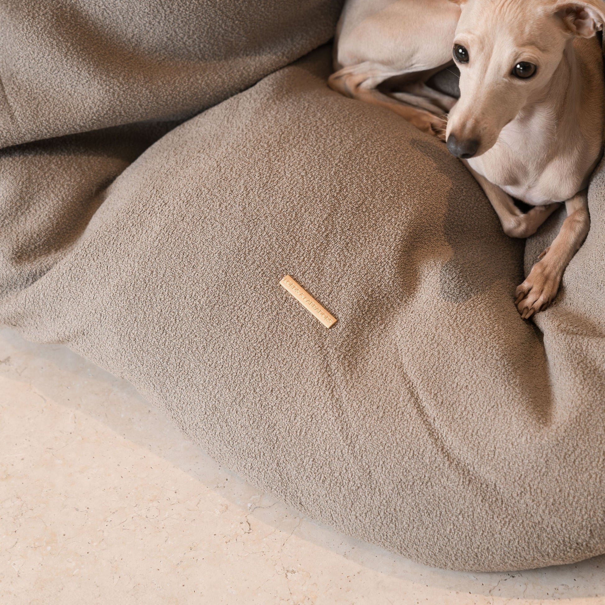 Luxury Dog Cushions & Beds, in Squash 'Em in Putty, The Perfect Snuggly Cave For Dogs To Burrow! Available Now at Lords & Labradors US