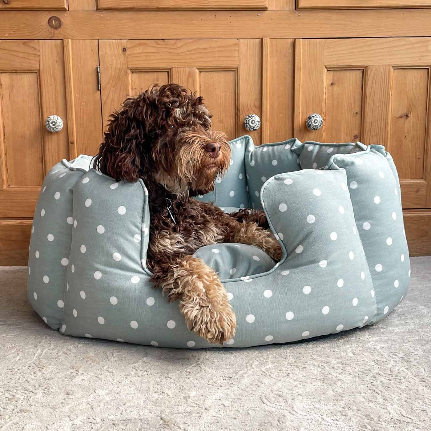 [color:duck egg spot]  Discover Our Luxurious High Wall Bed For Dogs & Puppies, Featuring Reversible Inner Cushion With Teddy Fleece To Craft The Perfect Dog Bed In Stunning Duck Egg Spot! Available To Personalize Now at Lords & Labradors US