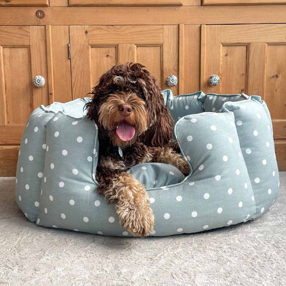 [color:duck egg spot] Discover Our Luxurious High Wall Bed For Dogs & Puppies, Featuring Reversible Inner Cushion With Teddy Fleece To Craft The Perfect Dog Bed In Stunning Duck Egg Spot! Available To Personalize Now at Lords & Labradors US