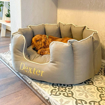 Discover Our Luxurious High Wall Bed For Dogs, Featuring inner pillow with plush teddy fleece on one side To Craft The Perfect Dogs Bed In Stunning Savanna Stone! Available To Personalize Now at Lords & Labradors US