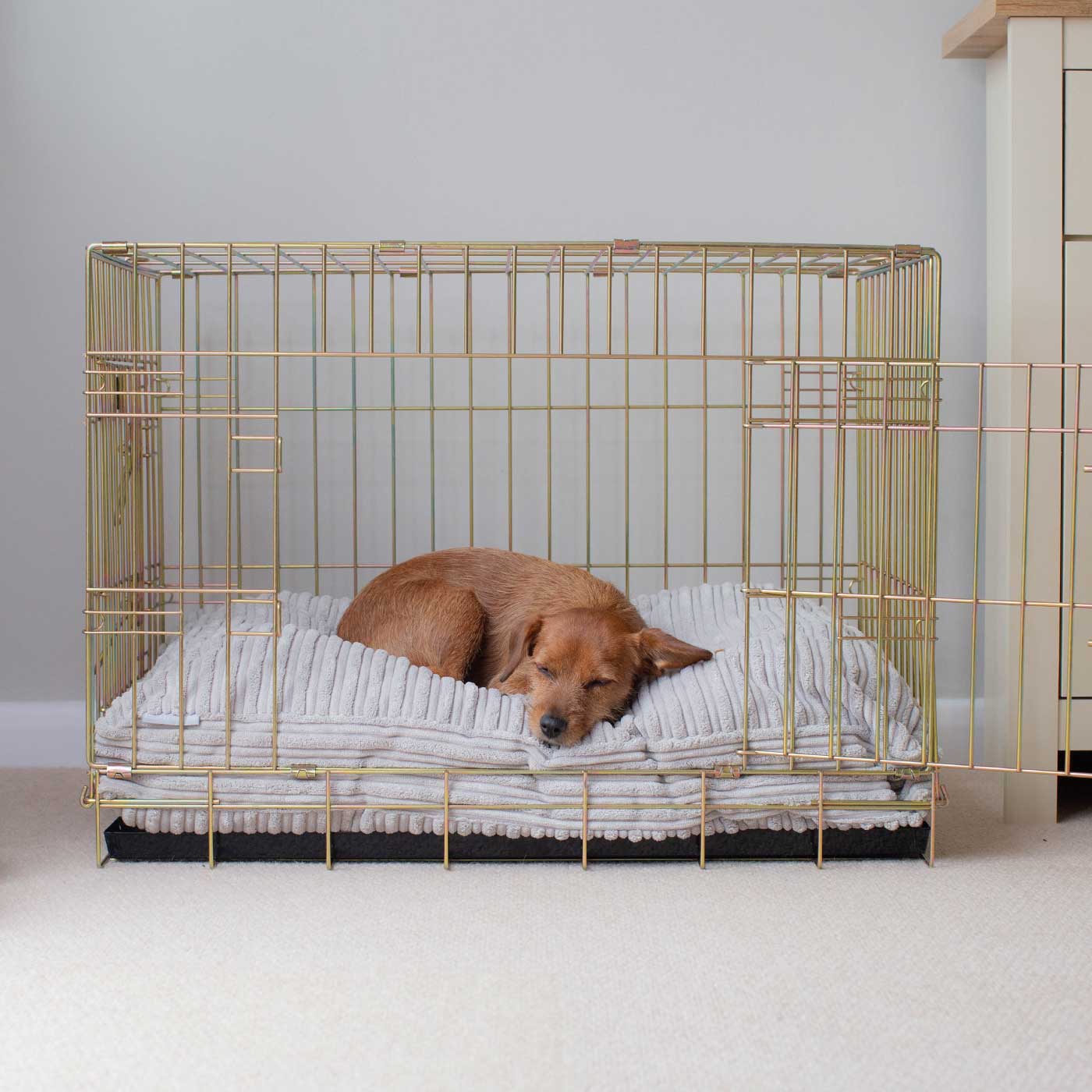 Luxury Dog Cage Cushion, Essentials Plush Cushion in Light Grey! The Perfect Dog Cage Accessory, Available To Personalize Now at Lords & Labradors US