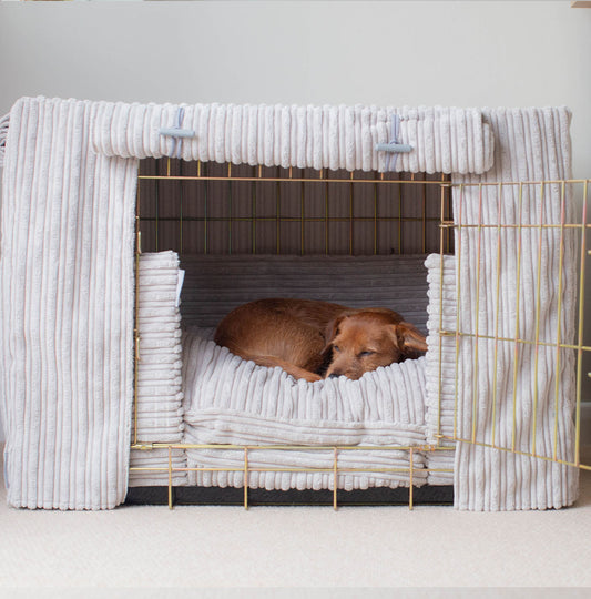 [color:gold] Luxury Dog Cage Set, Essentials Complete Plush Cage Set In Light Grey! Build The Ultimate Dog Den For The Perfect Burrow! Dog Cage Cover Available To Personalize at Lords & Labradors US