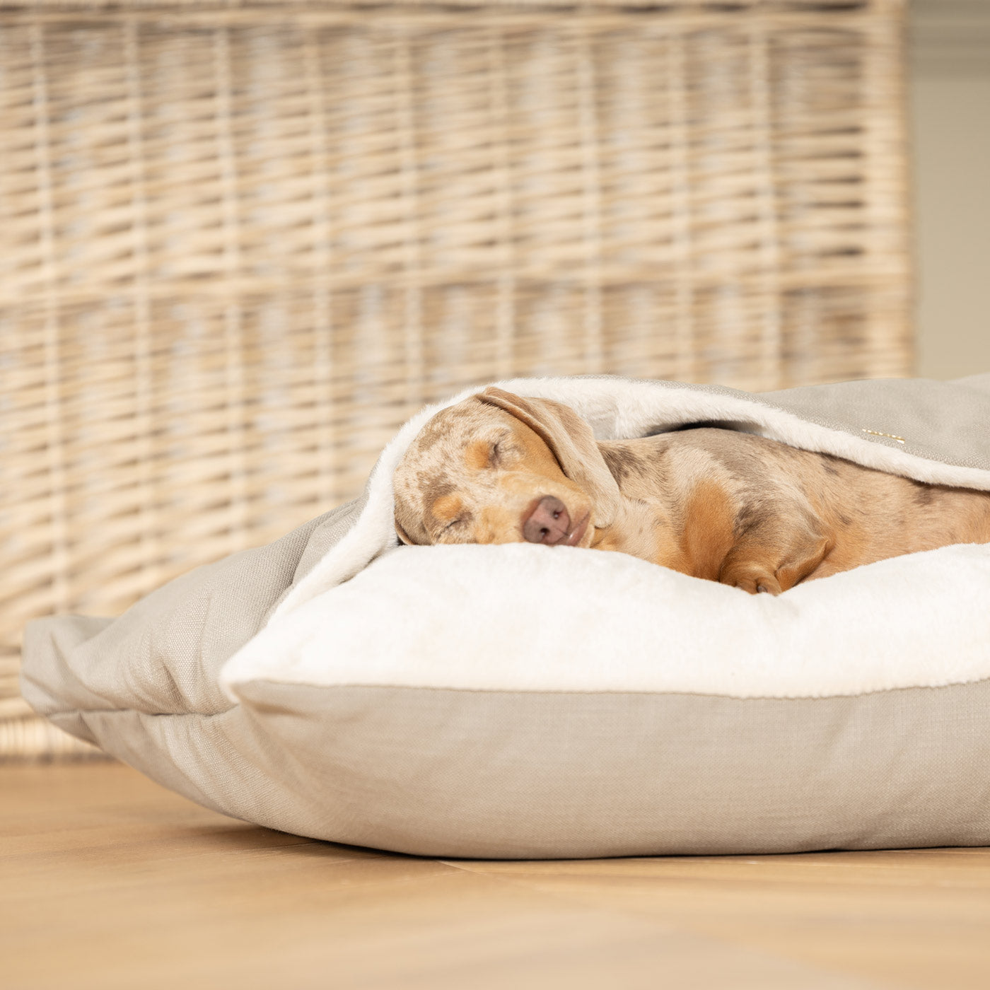 Luxury Savanna Sleepy Burrow, The Perfect bed For a Pet to Burrow. Available To Personalize In Stunning Savanna Stone, Here at Lords & Labradors US