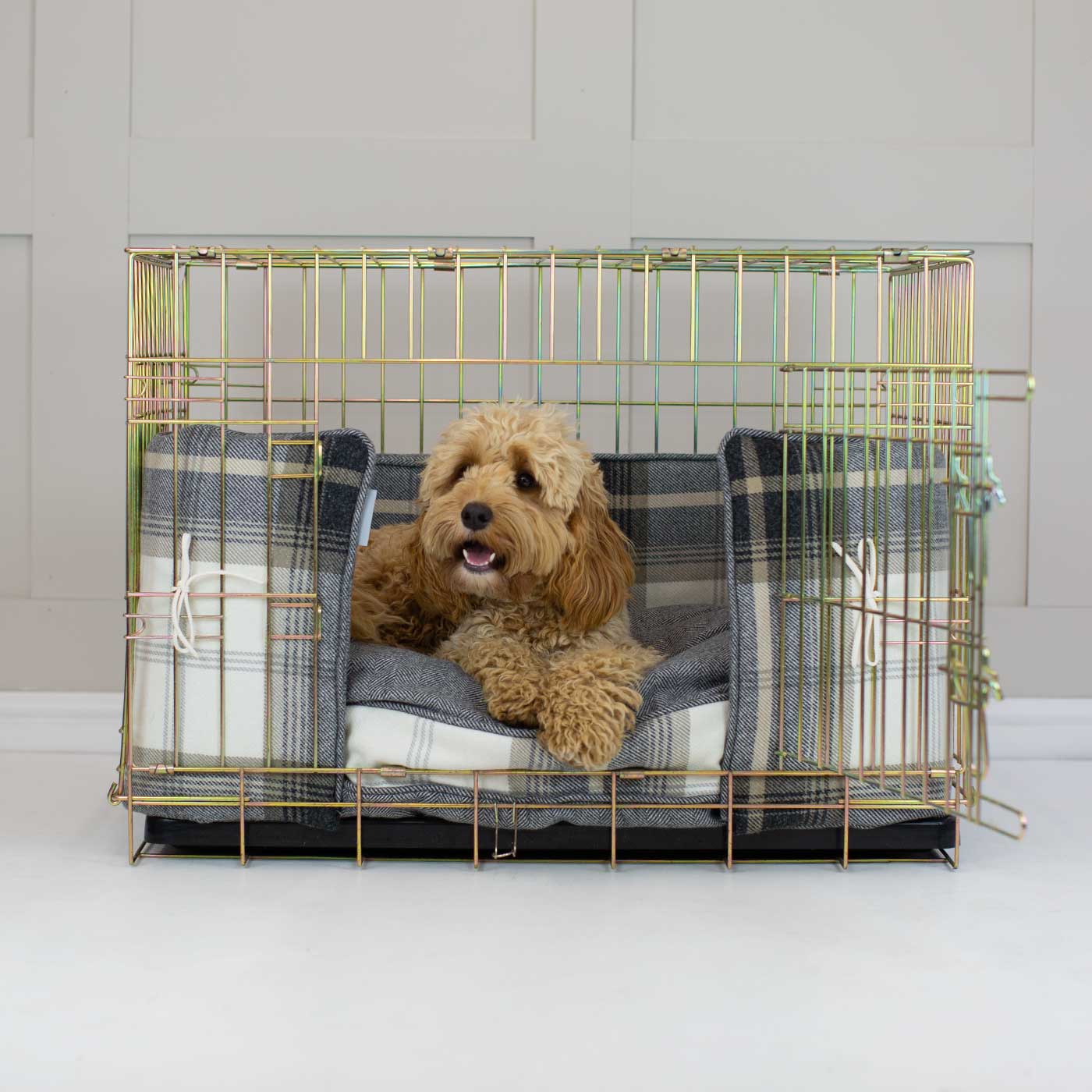Luxury Gold Dog Cage Bumper and Cushion in Balmoral Charcoal Tweed. The Perfect Dog Cage Accessory, Available Now at Lords & Labradors US