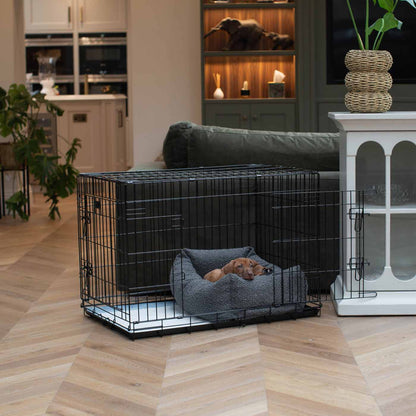 Cozy & Calming Puppy Cage Bed, The Perfect Dog Cage Accessory For The Ultimate Dog Den! In Stunning Granite Bouclé! Available To Personalize at Lords & Labradors US