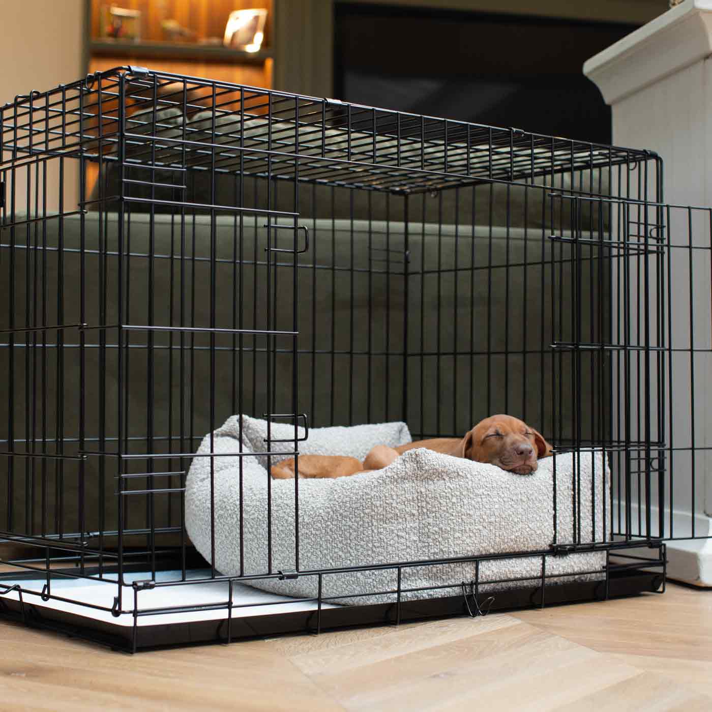 Cozy & Calm Puppy Cage Bed, The Perfect Dog Cage Accessory For The Ultimate Dog Den! In Stunning Mink Boucle! Available Now at Lords & Labradors US