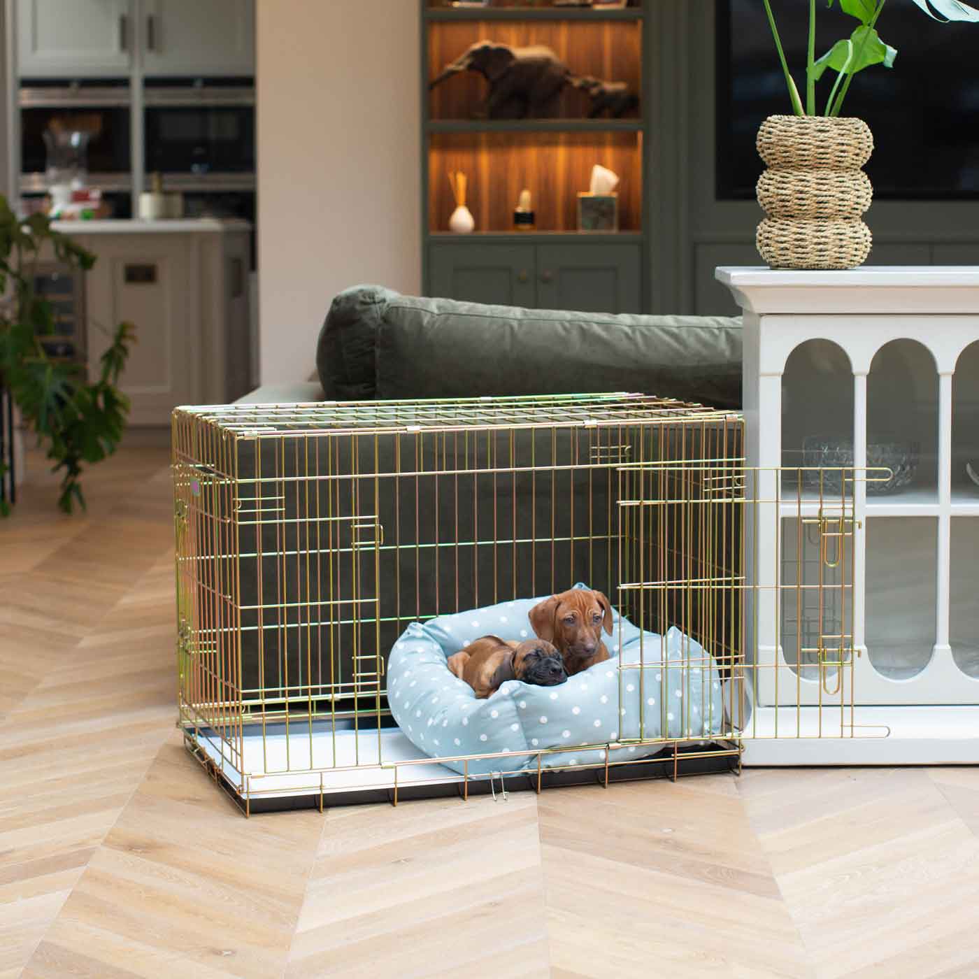 Cozy & Calming Puppy Cage Bed in Spots and Stripes, The Perfect Dog Cage Accessory For The Ultimate Dog Den! In Stunning Duck Egg Spot! Available To Personalize at Lords & Labradors US