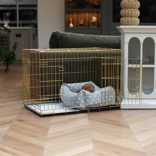 Luxury Gold Dog Cage With Cozy & Calm Puppy Cage Dog Bed, in Grey Spot. The Perfect Dog Crate For The Ultimate Naptime, Available Now at Lords & Labradors US