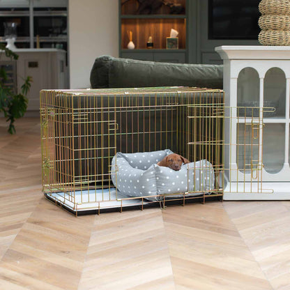 Luxury Gold Dog Cage With Cozy & Calm Puppy Cage Dog Bed, in Grey Spot. The Perfect Dog Crate For The Ultimate Naptime, Available Now at Lords & Labradors US