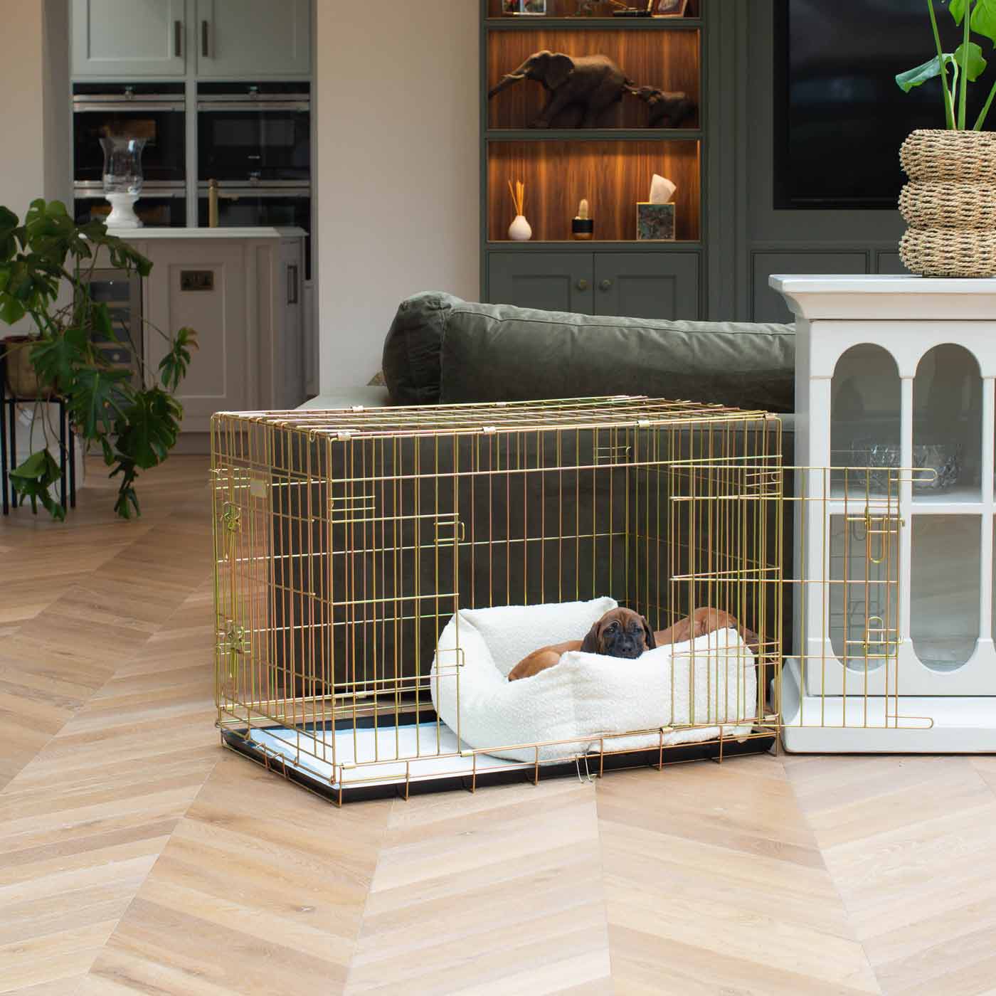Discover Our Luxury Heavy-Duty Gold Dog Cage With Ivory Bouclé Cozy & Calming Puppy Cage Bed Set! The Perfect Cage Bed For Pet Burrow. Available To Personalize Here at Lords & Labradors US