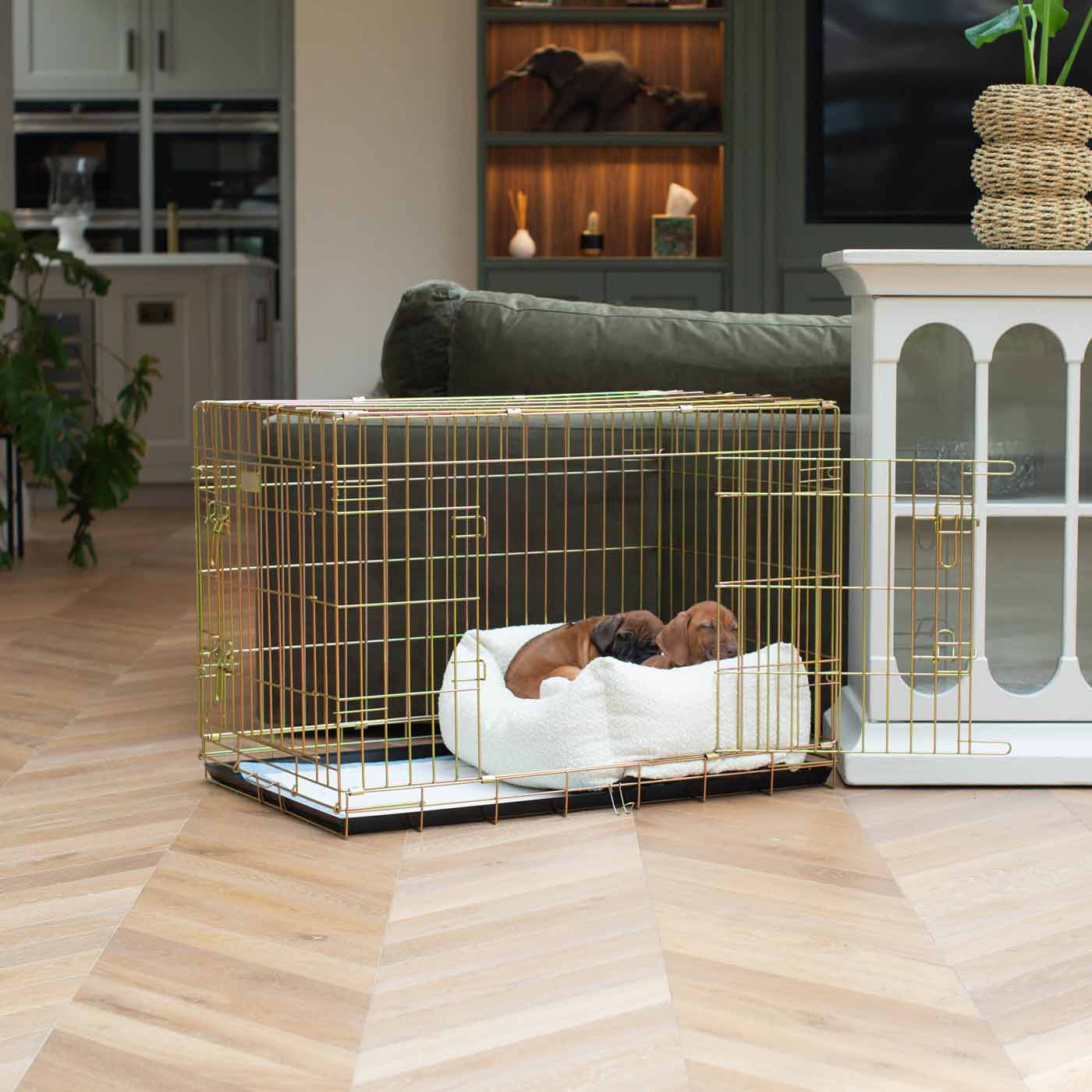 Cozy & Calm Puppy Cage Bed, The Perfect Dog Cage Accessory For The Ultimate Dog Den! In Stunning Ivory Boucle! Available Now at Lords & Labradors US