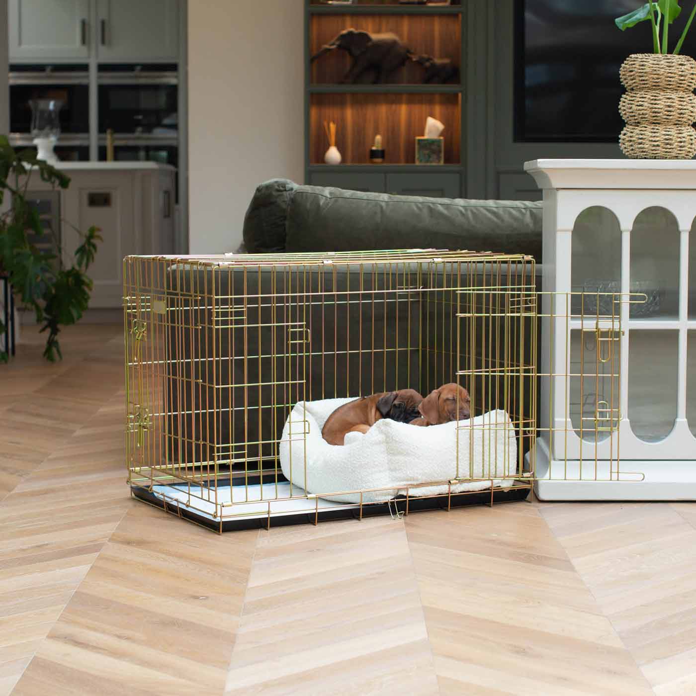 Cozy Calming Puppy Cage Bed In Ivory Bouclé by Lords Labradors