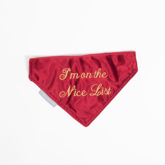 [color:cranberry velvet] Discover The Perfect Bandana For Dogs, ' I'm on the Nice List ' Dog Bandana In Luxury Cranberry Velvet, Available To Now at Lords & Labradors US