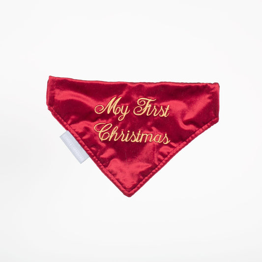 [color:cranberry velvet] Discover The Perfect Bandana For Dogs, ' My First Christmas ' Dog Bandana In Luxury Cranberry Velvet, Available To Now at Lords & Labradors US