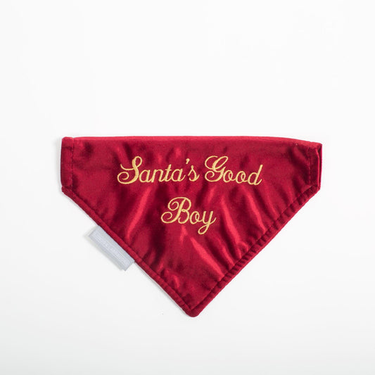 [color:cranberry velvet] Discover The Perfect Bandana For Dogs, ' Santa's Good Boy ' Dog Bandana In Luxury Cranberry Velvet, Available To Now at Lords & Labradors US