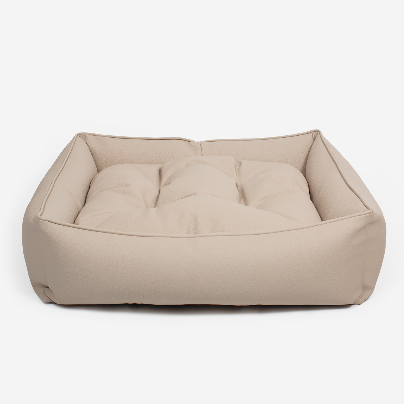 [color:sand] Luxury Handmade Box Bed in Rhino Tough Desert Faux Leather, in Sand, Perfect For Your Pets Nap Time! Available To Personalize at Lords & Labradors US