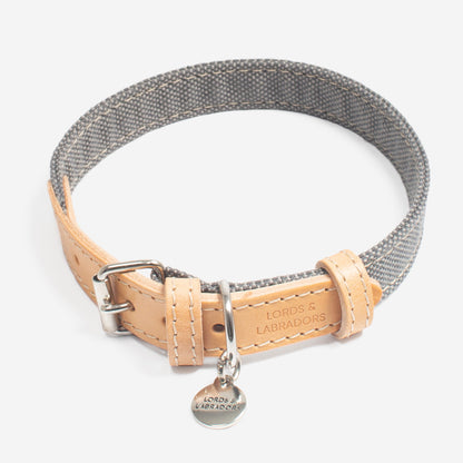 Discover dog walking luxury with our handcrafted Italian dog collar in beautiful essentials twill grey slate with grey fabric! The perfect collar for dogs available now at Lords & Labradors US