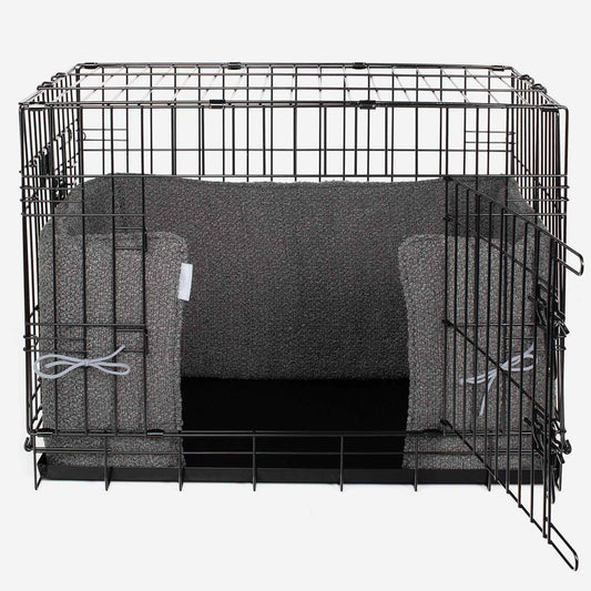 [color:granite boucle] Luxury Dog Cage Bumper, Bouclé Cage Bumper Cover, in Granite Boucle. The Perfect Dog Cage Accessory, Available Now at Lords & Labradors US