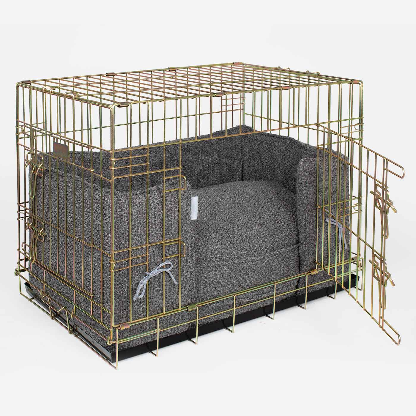 [color:granite boucle] Discover Our Heavy-Duty Gold Dog Cage With Granite Bouclé Cushion & Bumper! The Perfect Cage Accessories. Available To Personalize Here at Lords & Labradors US