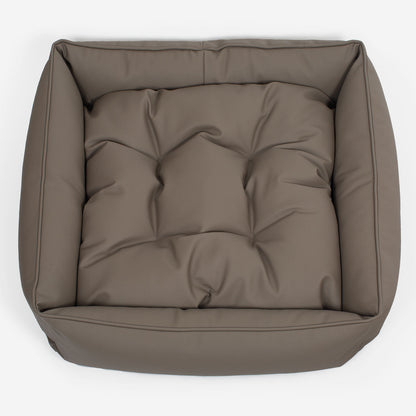 [color:camel] Luxury Handmade Box Bed in Rhino Tough Desert Faux Leather, in Camel, Perfect For Your Pets Nap Time! Available To Personalize at Lords & Labradors US