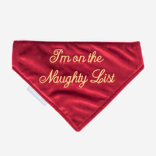 [color:cranberry velvet] Discover The Perfect Bandana For Dogs, ' I'm on the Naughty List ' Dog Bandana In Luxury Cranberry Velvet, Available To Now at Lords & Labradors US